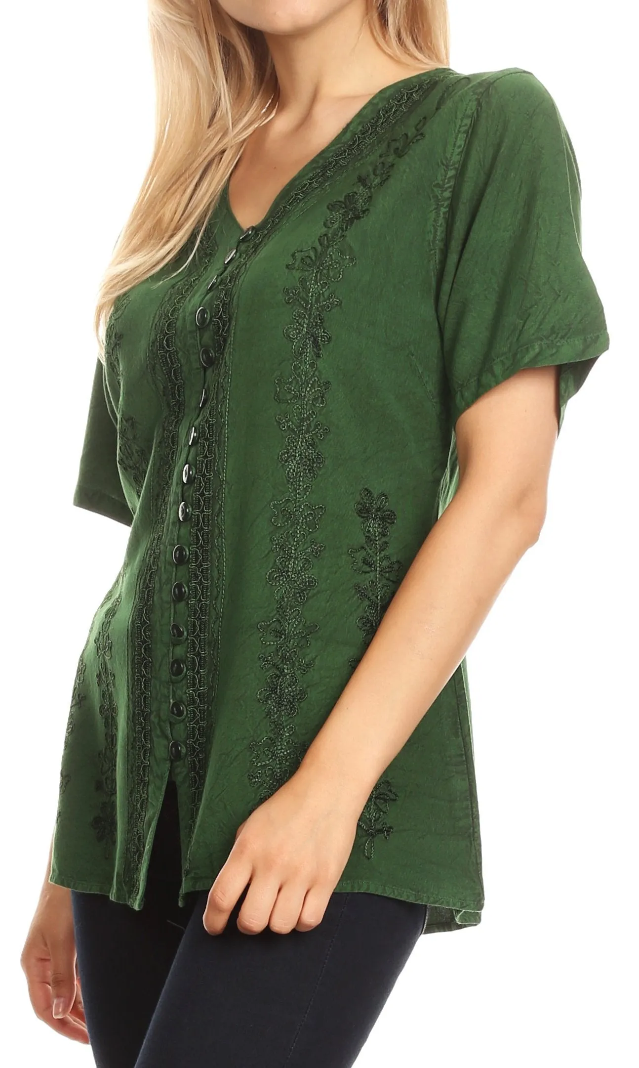 Sakkas Estella Womens Short Sleeve V neck Button Down Top Blouse with Embroidery