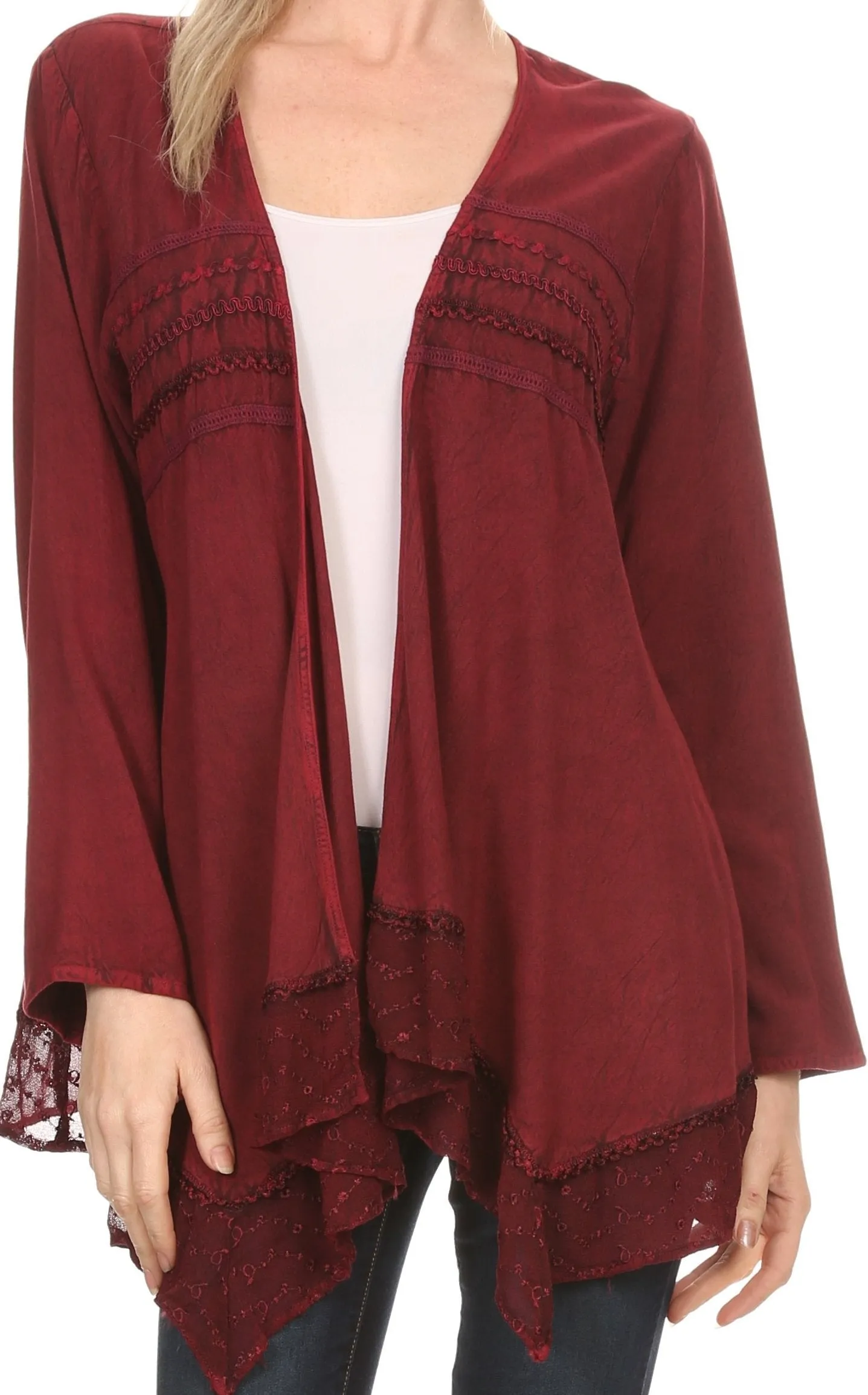 Sakkas Isenia Cardigan Open Front Kimono Long Sleeve Embroidered Top Blouse Lace