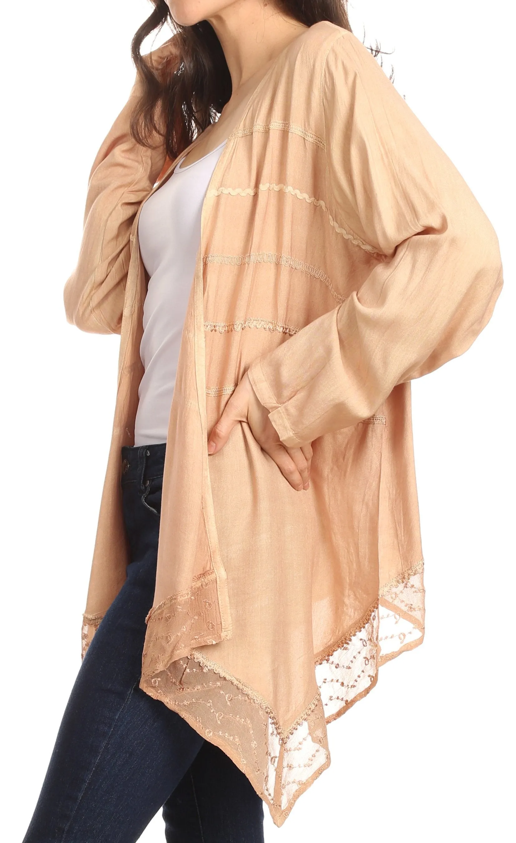 Sakkas Isenia Cardigan Open Front Kimono Long Sleeve Embroidered Top Blouse Lace