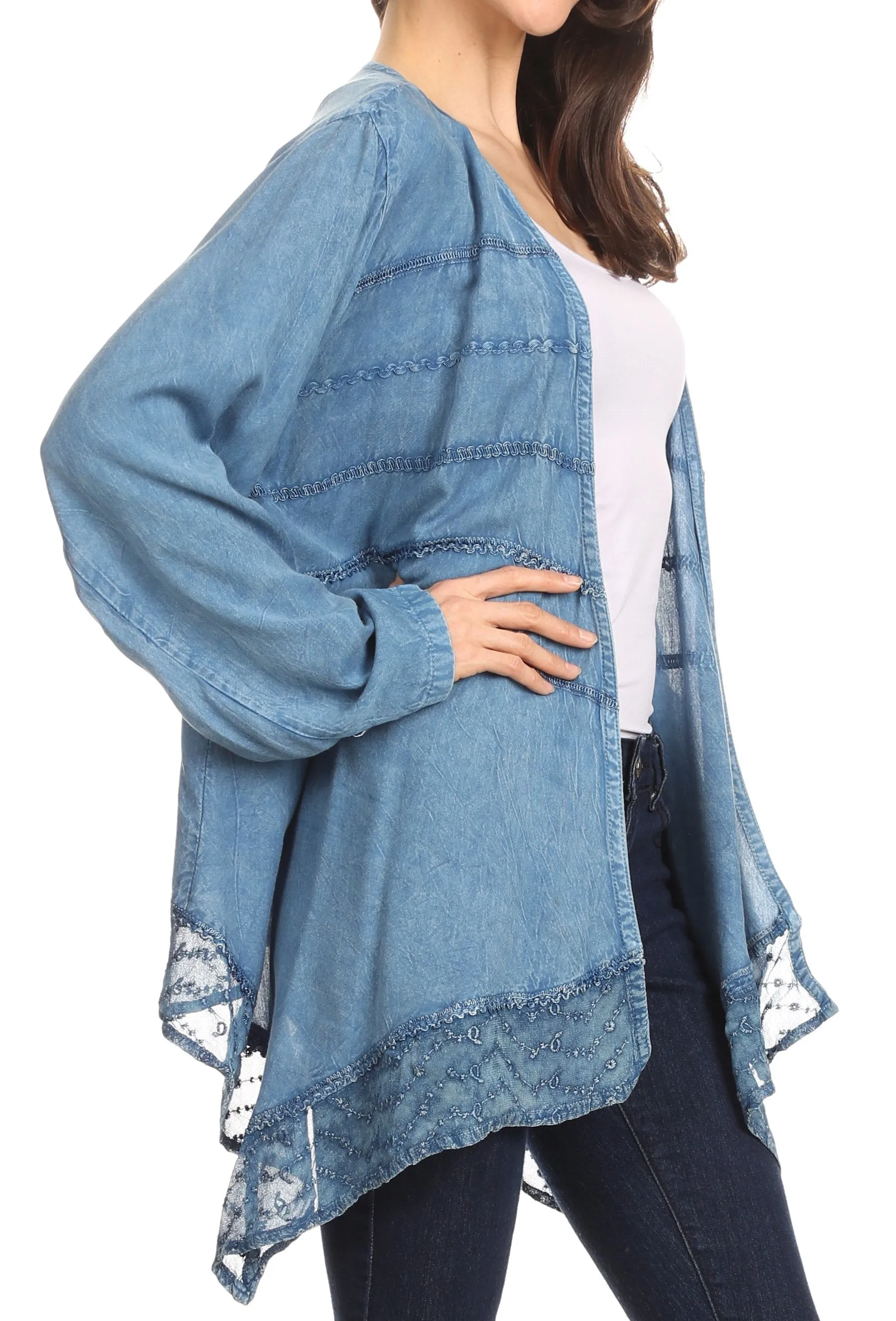 Sakkas Isenia Cardigan Open Front Kimono Long Sleeve Embroidered Top Blouse Lace