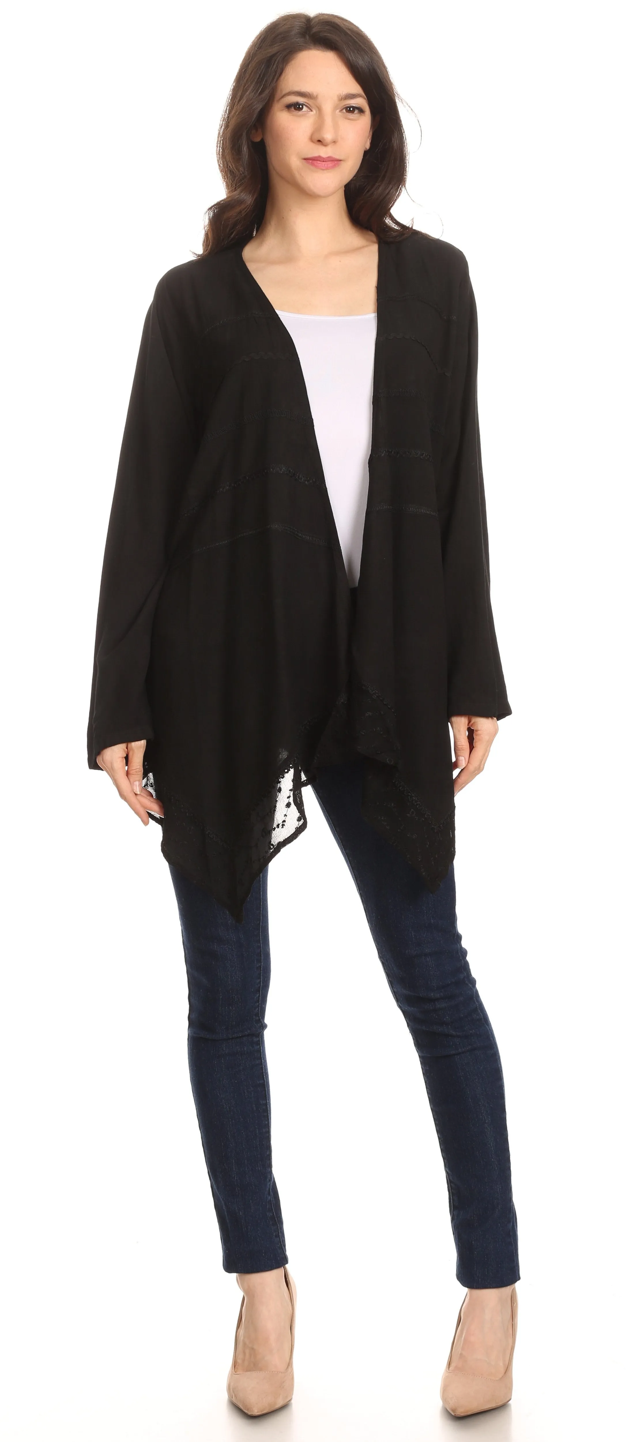 Sakkas Isenia Cardigan Open Front Kimono Long Sleeve Embroidered Top Blouse Lace