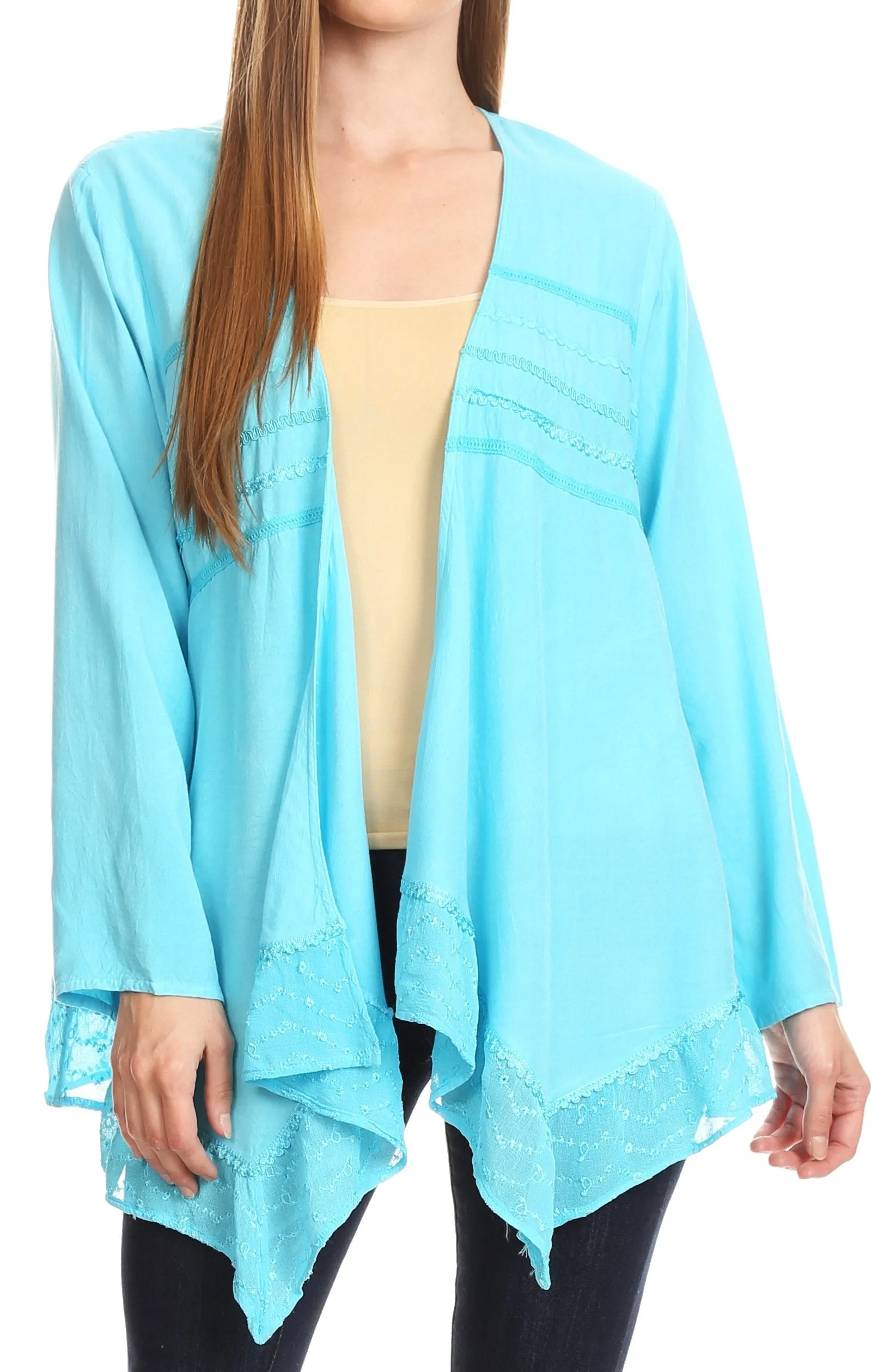 Sakkas Isenia Cardigan Open Front Kimono Long Sleeve Embroidered Top Blouse Lace