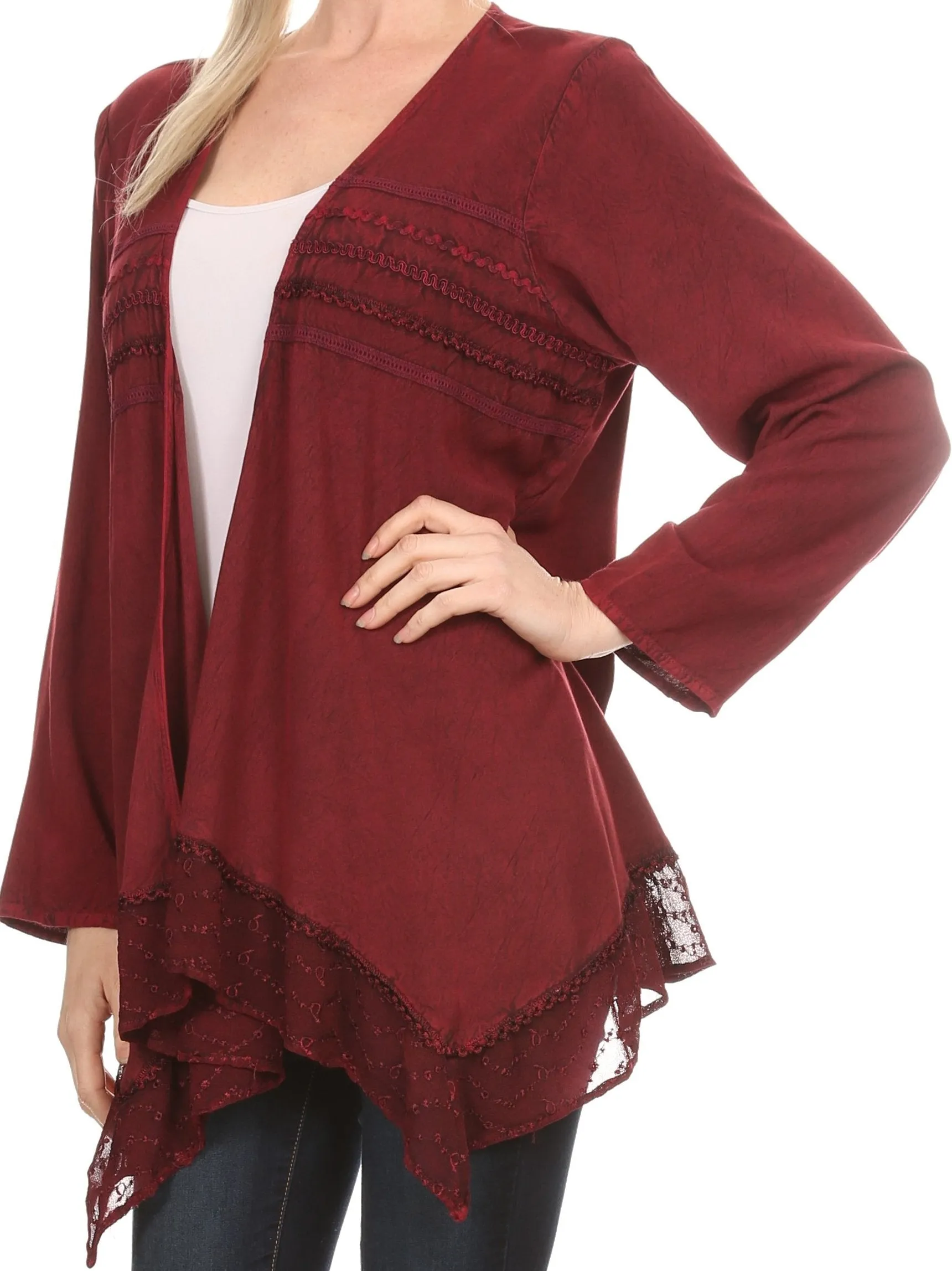 Sakkas Isenia Cardigan Open Front Kimono Long Sleeve Embroidered Top Blouse Lace