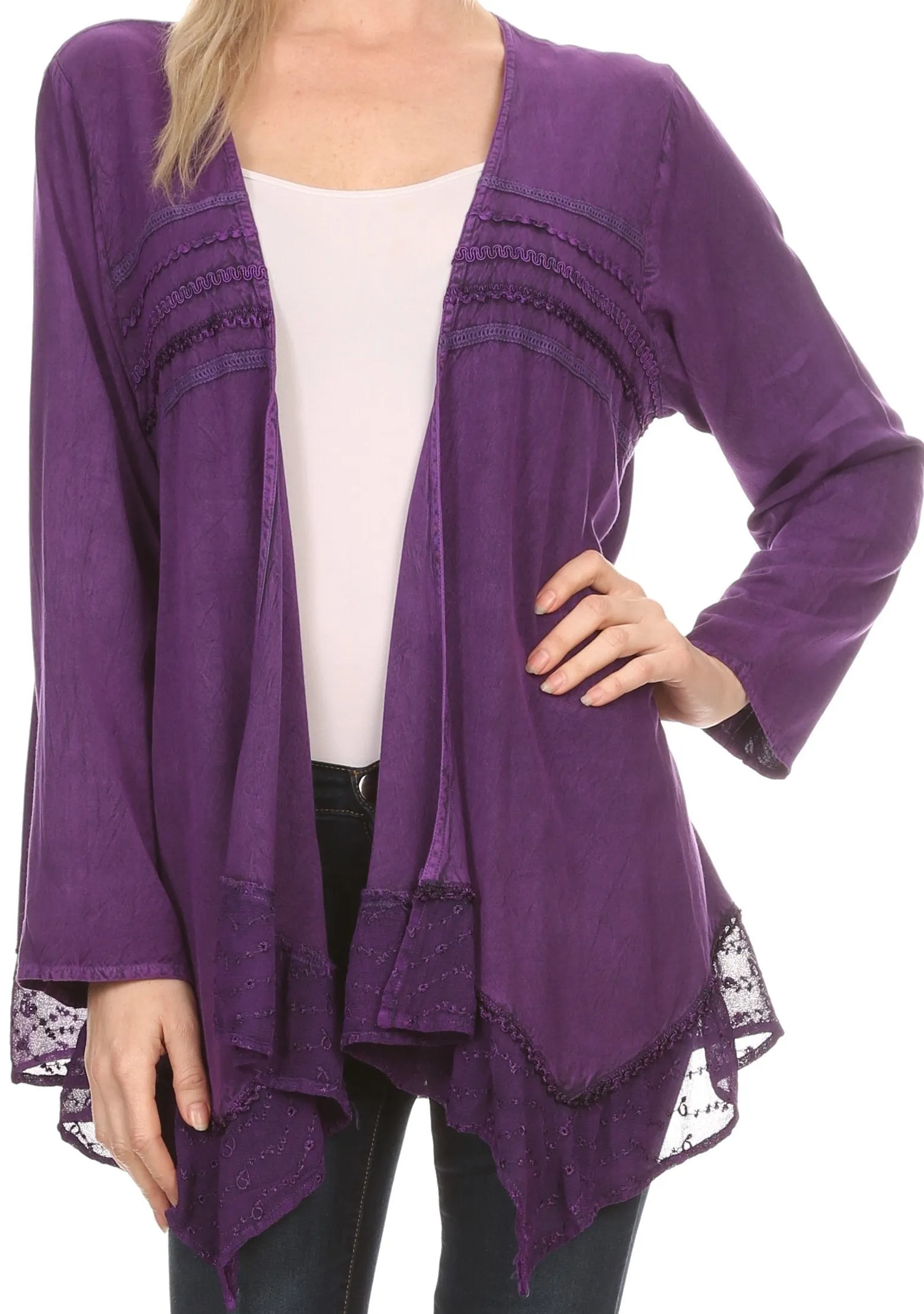 Sakkas Isenia Cardigan Open Front Kimono Long Sleeve Embroidered Top Blouse Lace