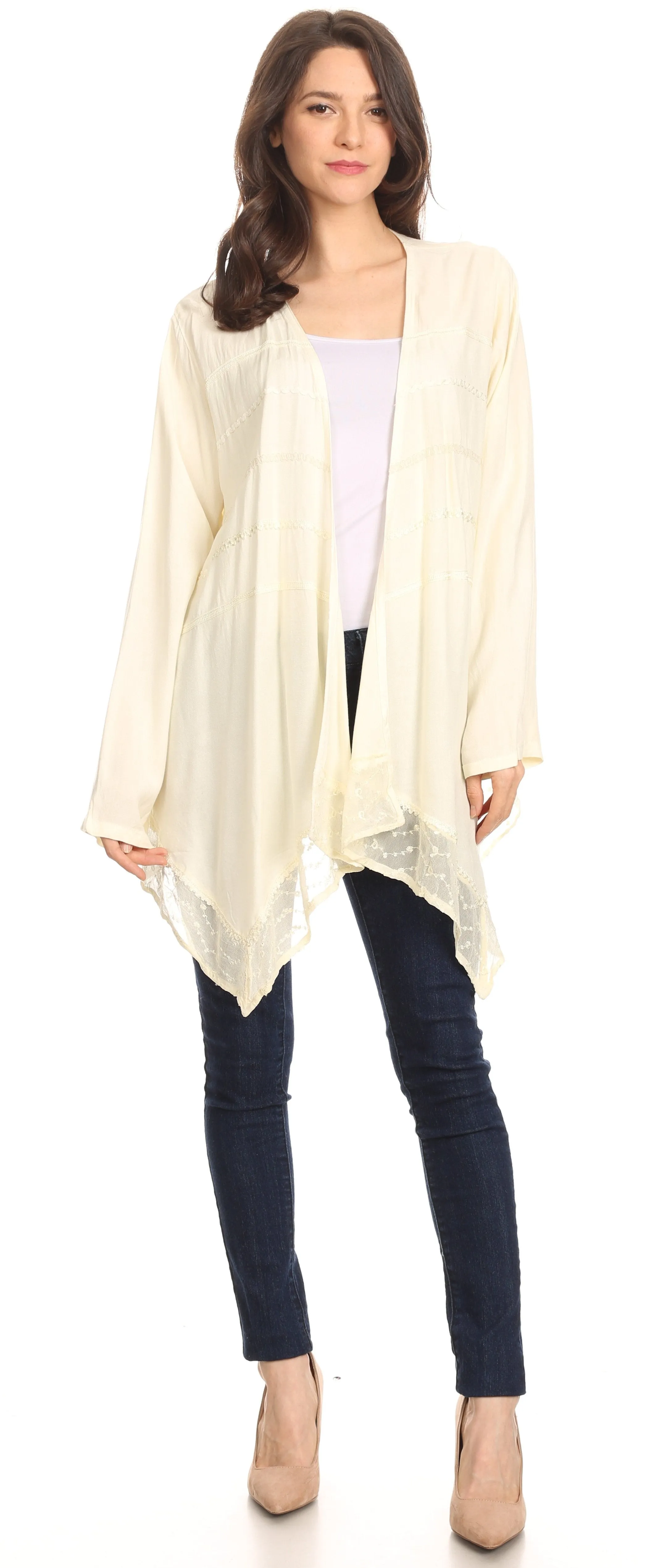 Sakkas Isenia Cardigan Open Front Kimono Long Sleeve Embroidered Top Blouse Lace