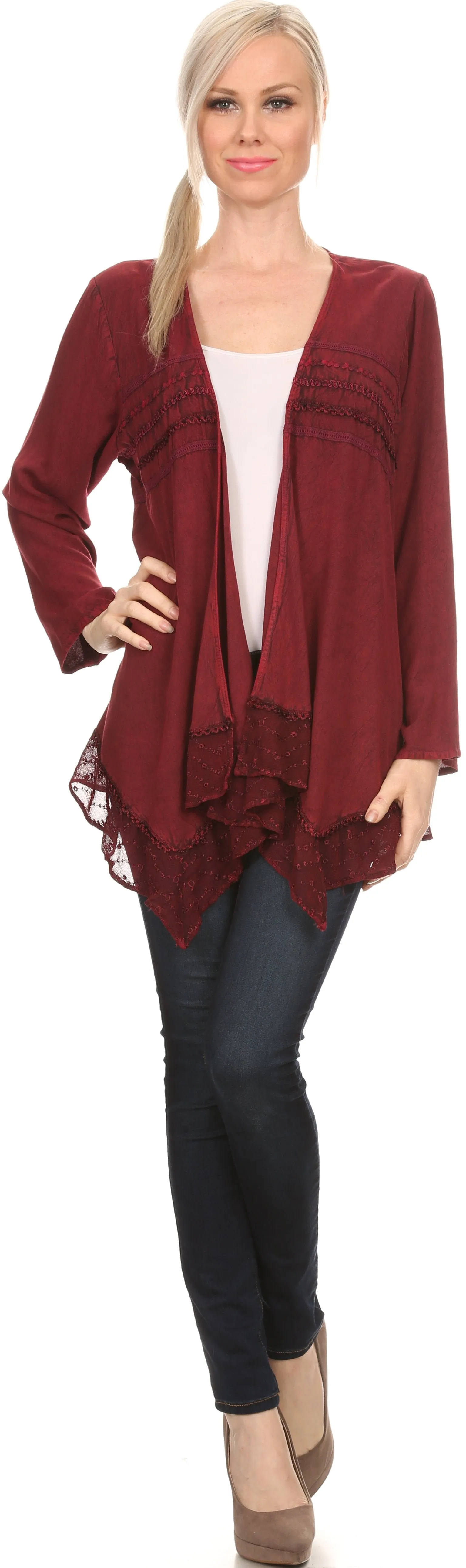 Sakkas Isenia Cardigan Open Front Kimono Long Sleeve Embroidered Top Blouse Lace