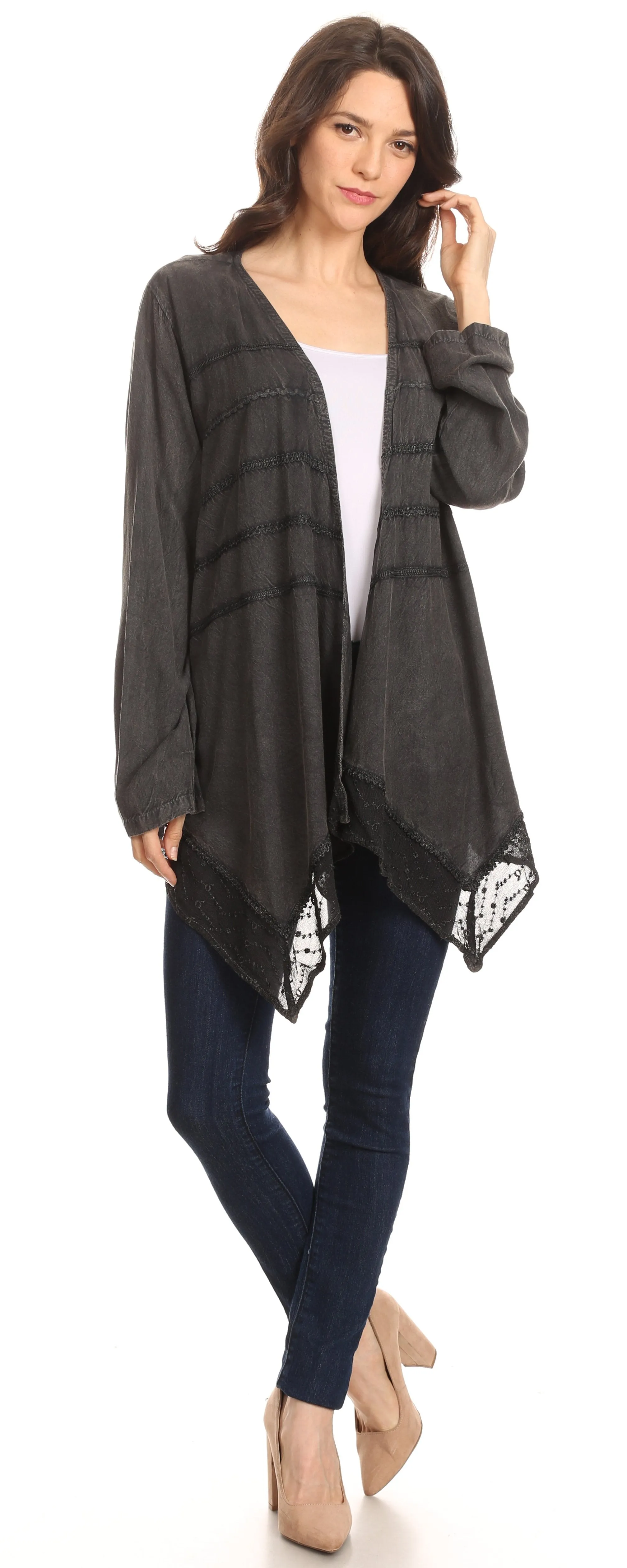 Sakkas Isenia Cardigan Open Front Kimono Long Sleeve Embroidered Top Blouse Lace