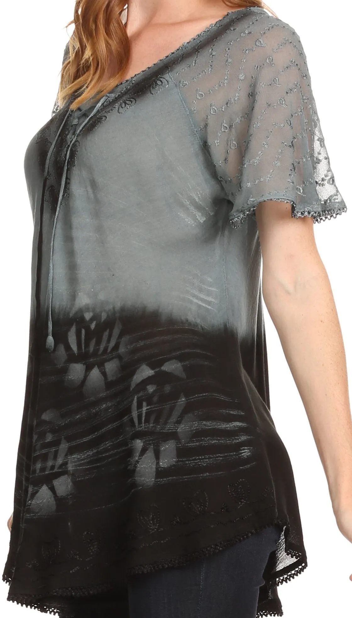 Sakkas Reya Lace Embroidered Cap Sleeve Corset Tie Dye Blouse Top Shirt