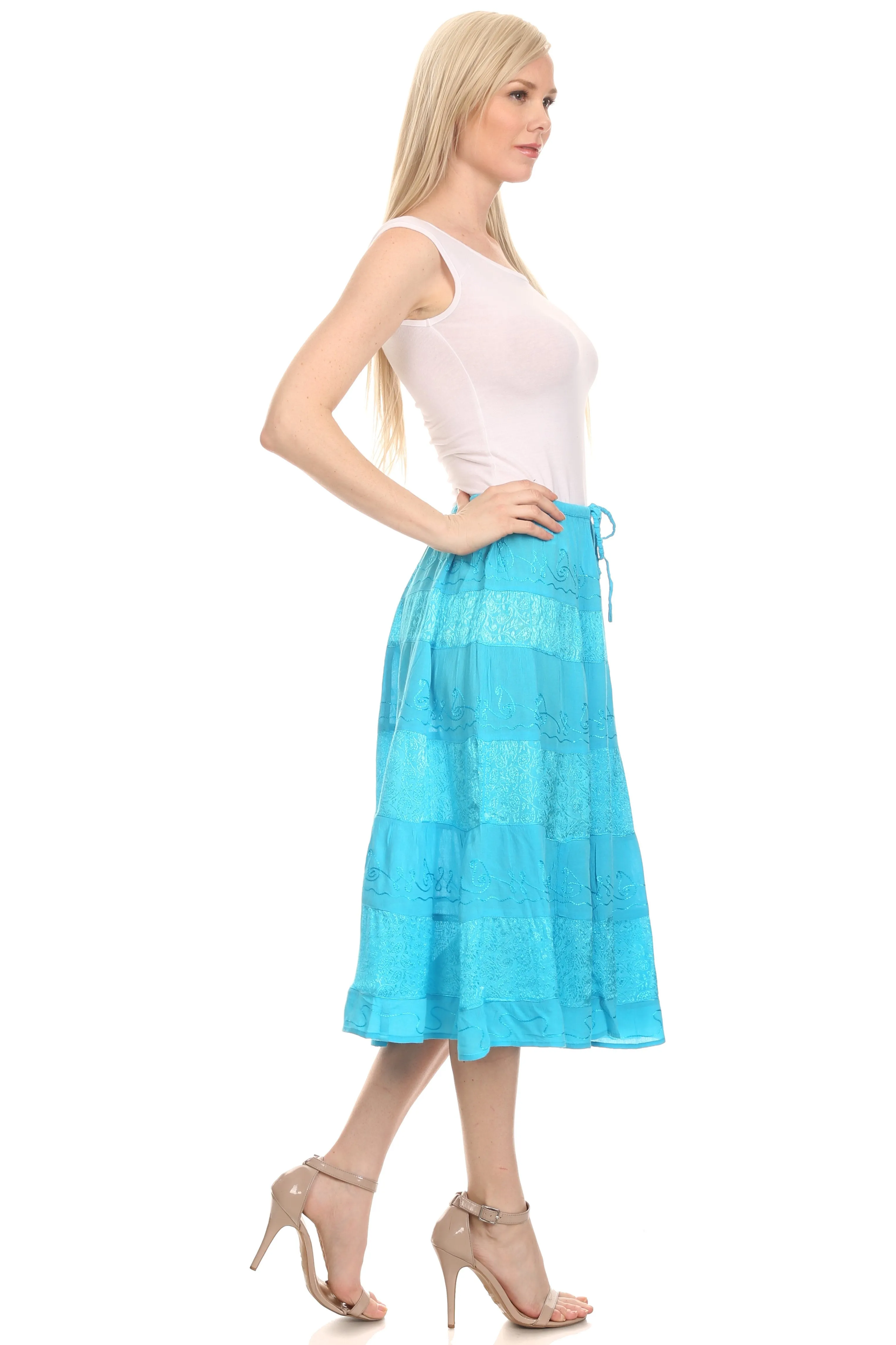 Sakkas S3114 - Rowan Mid Length Bohemian Embroidered Skirt With Adjustable Waist - Beige - OS