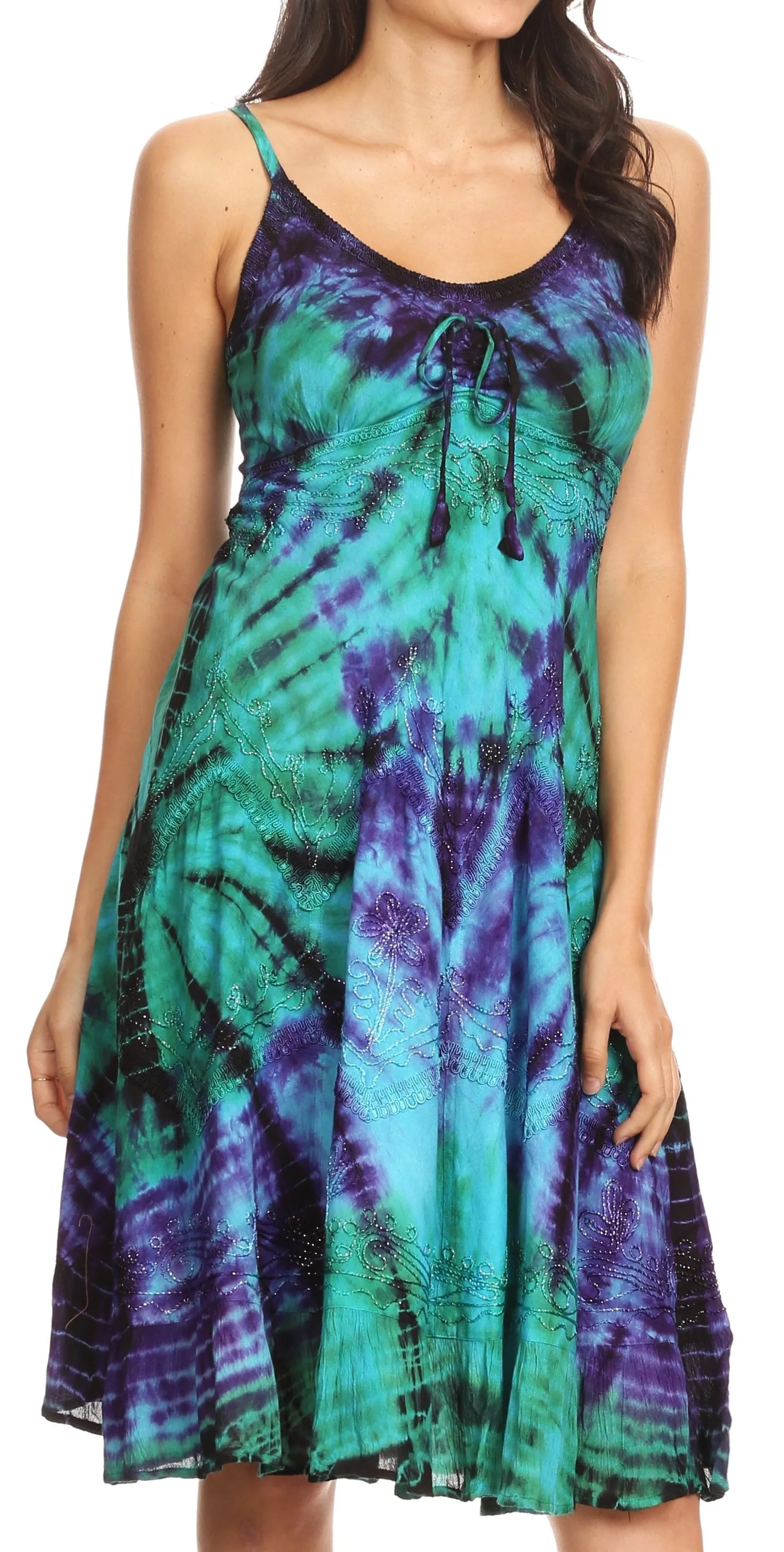 Sakkas Zoe Women's Summer Bohemian Spaghetti Strap Short Dress Tie Dye Embroidered