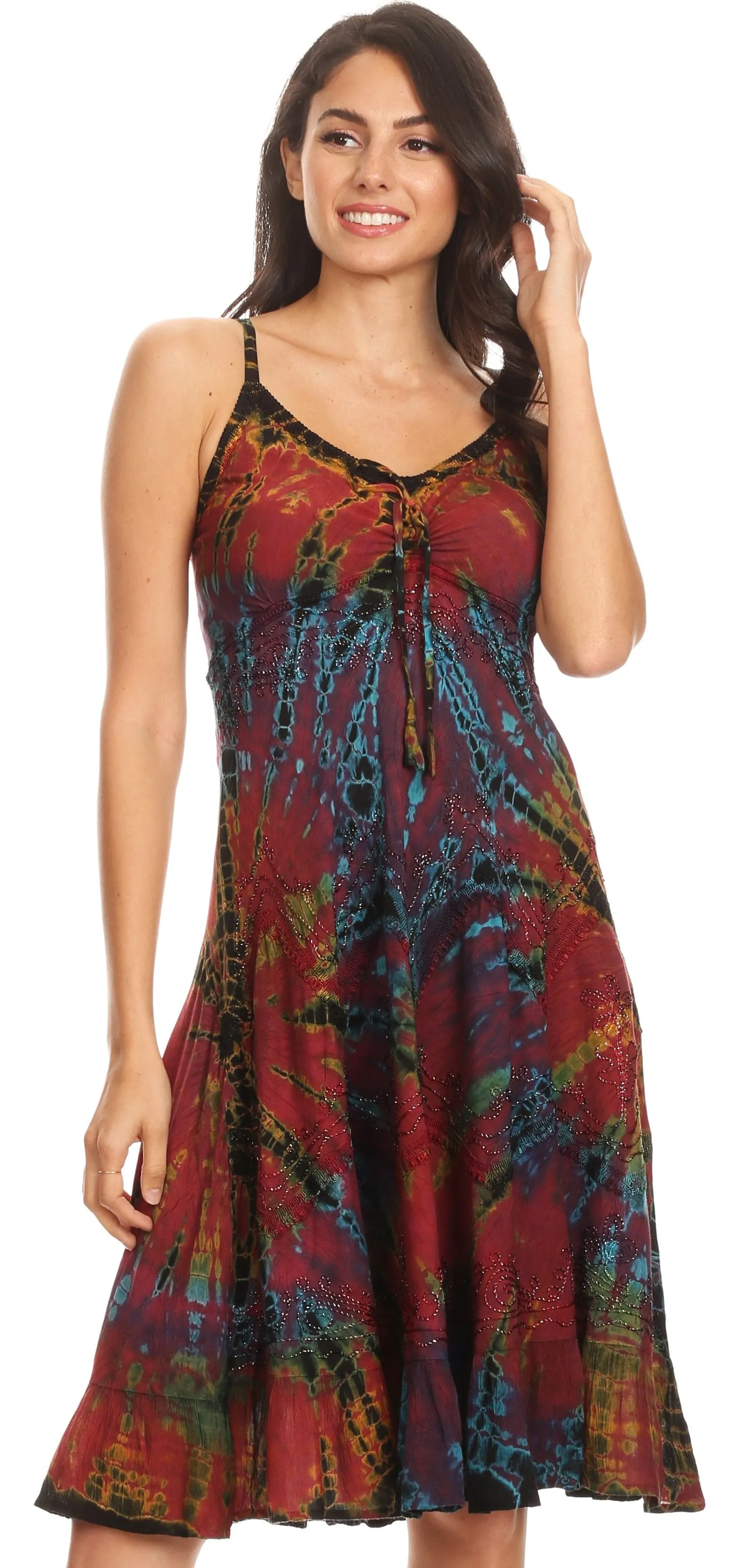 Sakkas Zoe Women's Summer Bohemian Spaghetti Strap Short Dress Tie Dye Embroidered