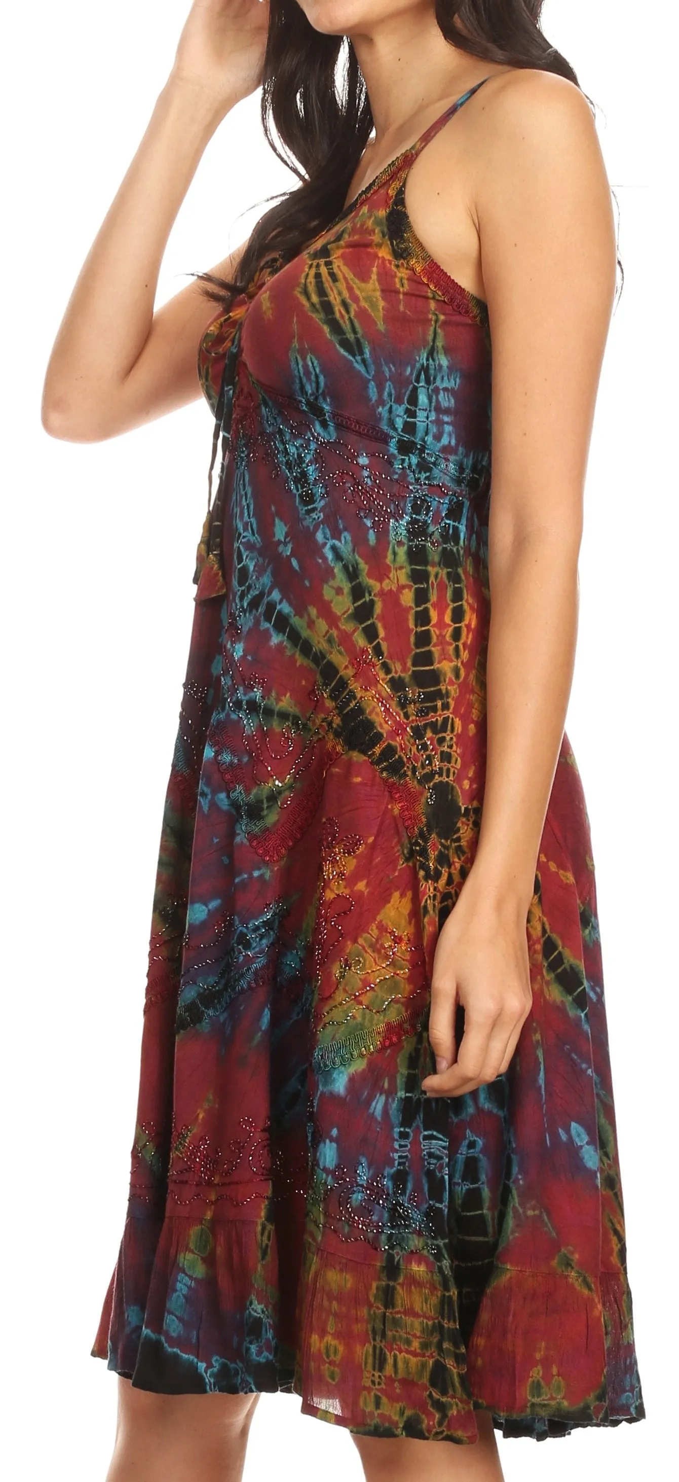 Sakkas Zoe Women's Summer Bohemian Spaghetti Strap Short Dress Tie Dye Embroidered