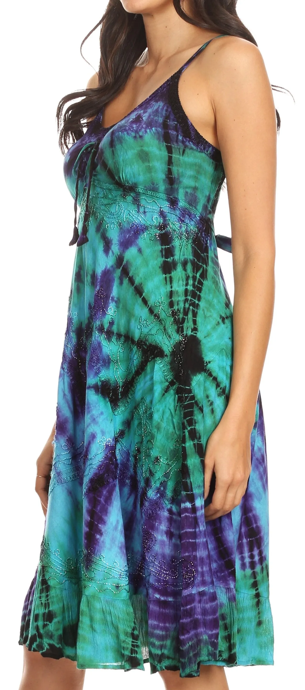 Sakkas Zoe Women's Summer Bohemian Spaghetti Strap Short Dress Tie Dye Embroidered