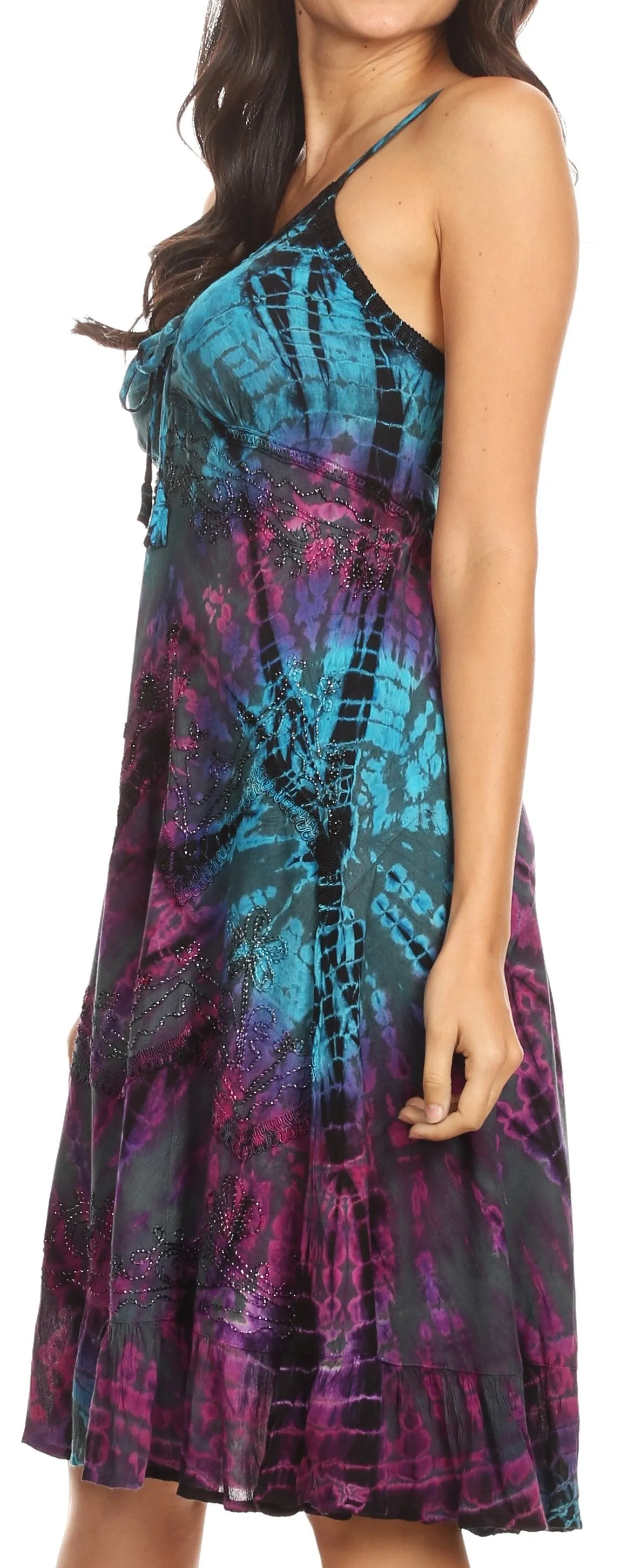 Sakkas Zoe Women's Summer Bohemian Spaghetti Strap Short Dress Tie Dye Embroidered