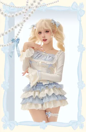 Serendipity Love Hime Lace Blue White Blouse Shirt & Ruffled Cake Skirt Two Piece Set