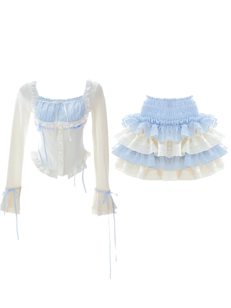 Serendipity Love Hime Lace Blue White Blouse Shirt & Ruffled Cake Skirt Two Piece Set