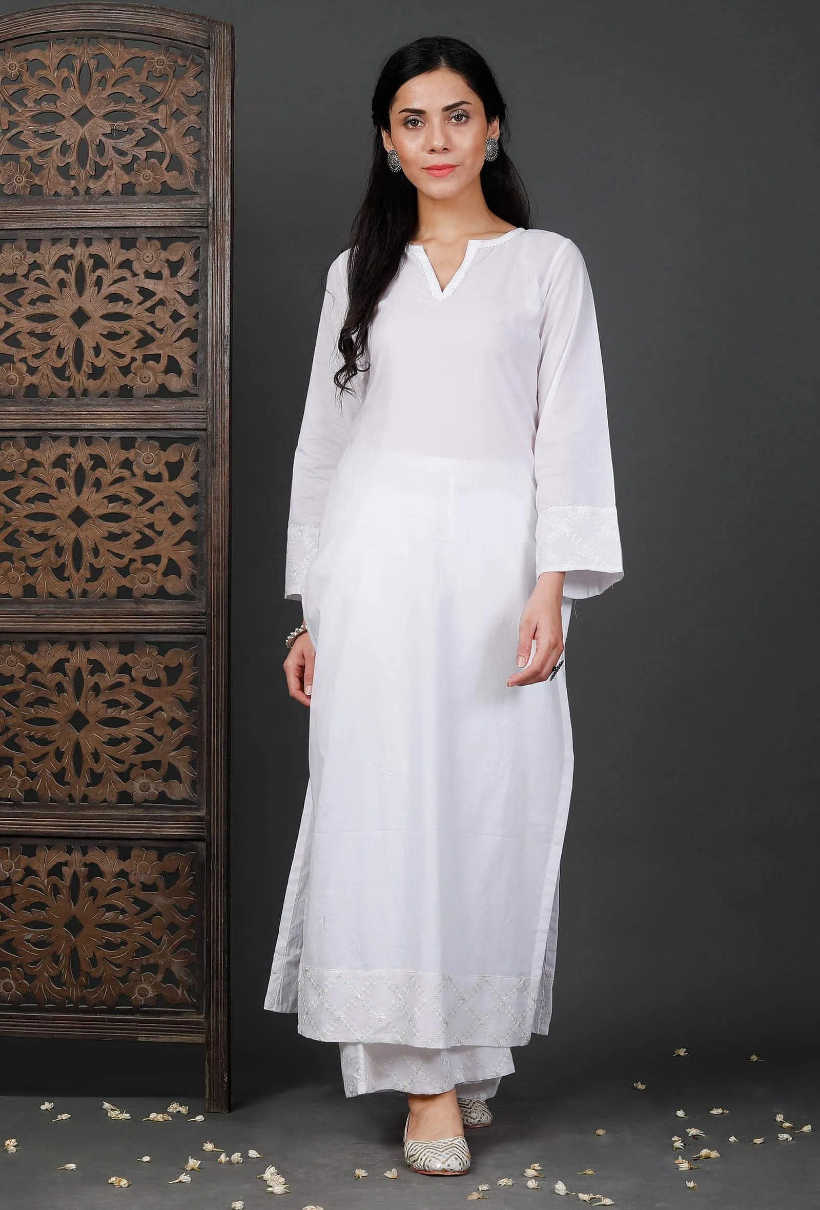 Set Of 2: Embroidered Straight White Cotton Kurta And Palazzos