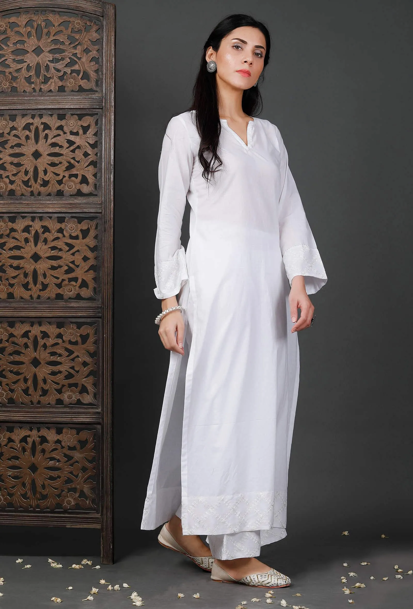 Set Of 2: Embroidered Straight White Cotton Kurta And Palazzos