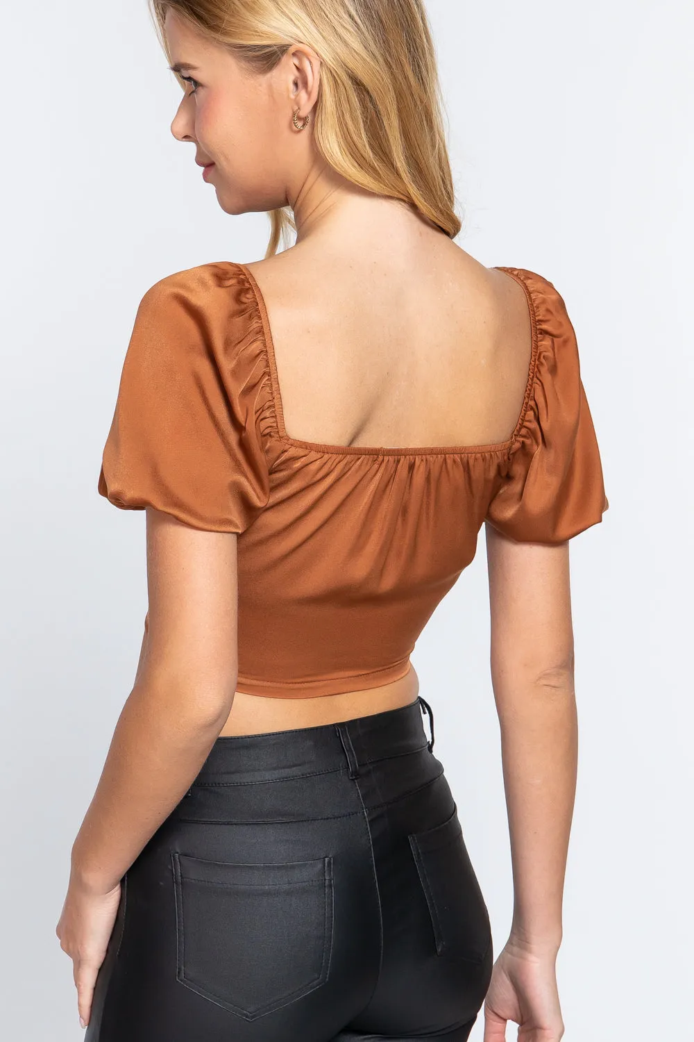 Short Slv Shirring Satin Crop Top - 4 colors - Ships from The US