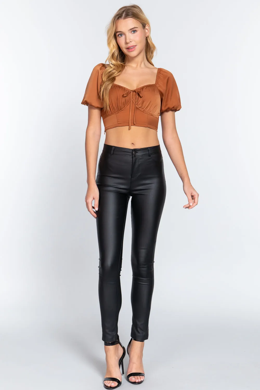 Short Slv Shirring Satin Crop Top - 4 colors - Ships from The US