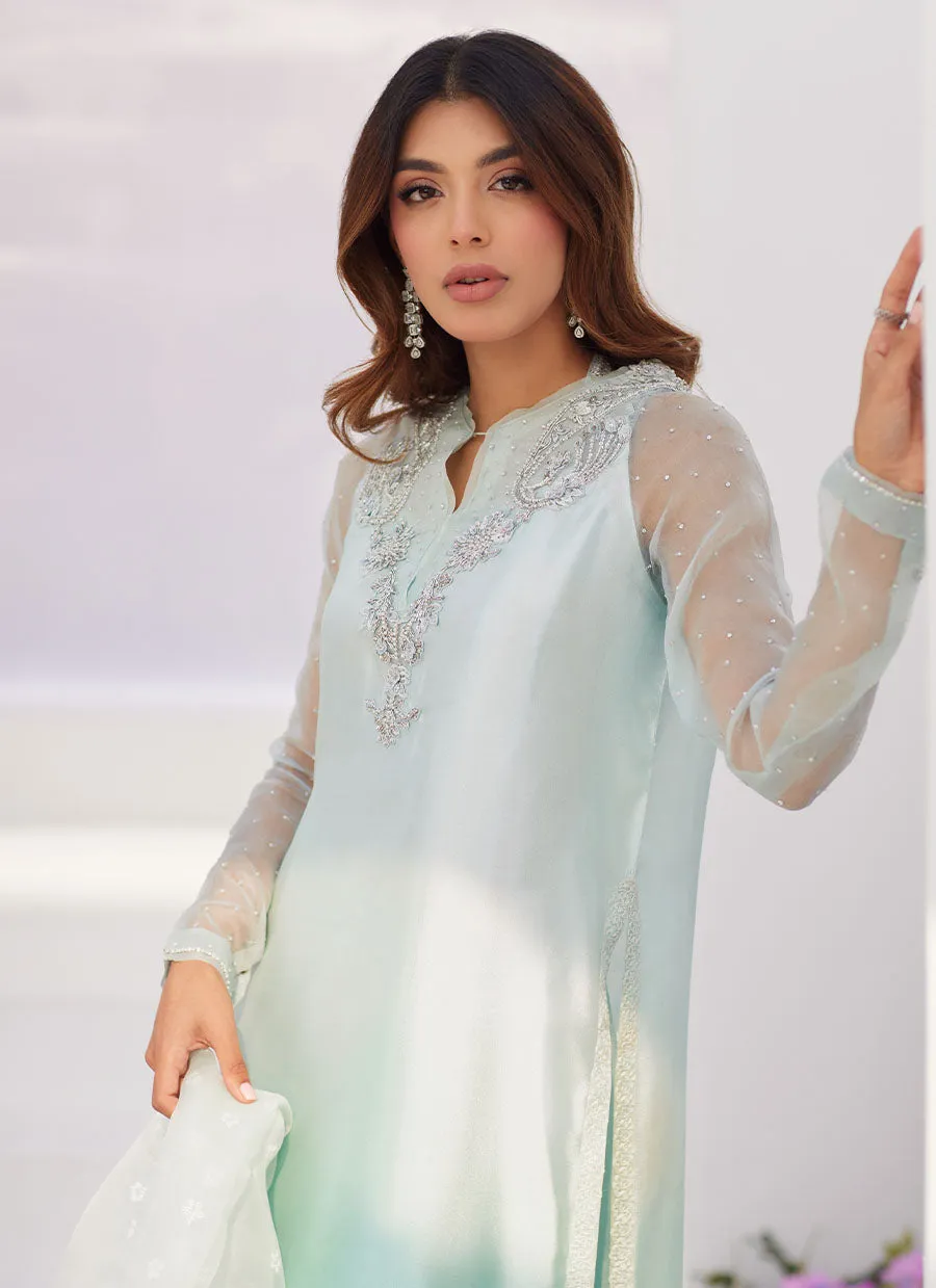 Solene Aqua Ombre Embellished Column Shirt with Embroidered Kalidaar Slip