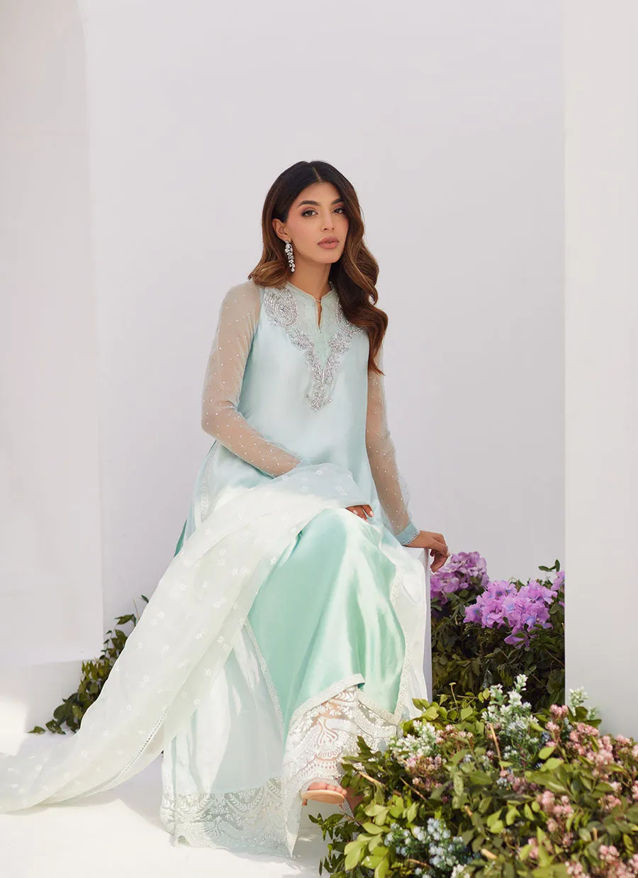 Solene Aqua Ombre Embellished Column Shirt with Embroidered Kalidaar Slip