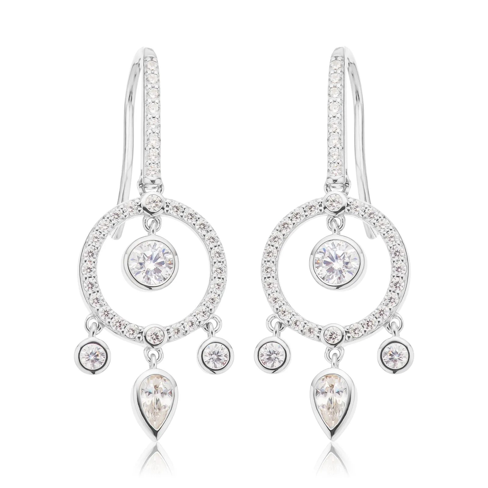 Sterling Silver with Round Brilliant & Pear Cut White Cubic Zirconia Earrings