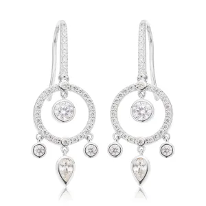 Sterling Silver with Round Brilliant & Pear Cut White Cubic Zirconia Earrings