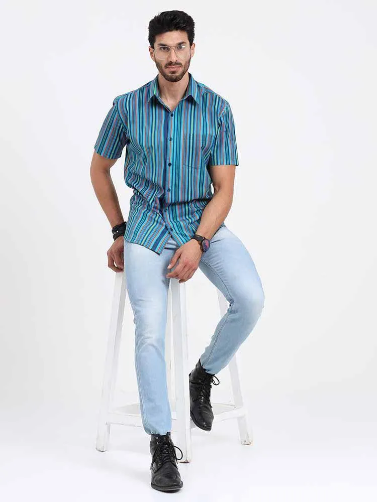 Stripe Multi Navy Turquoise Printed Half Sleeve Shirt