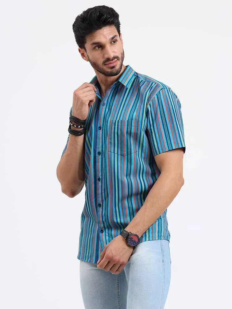 Stripe Multi Navy Turquoise Printed Half Sleeve Shirt