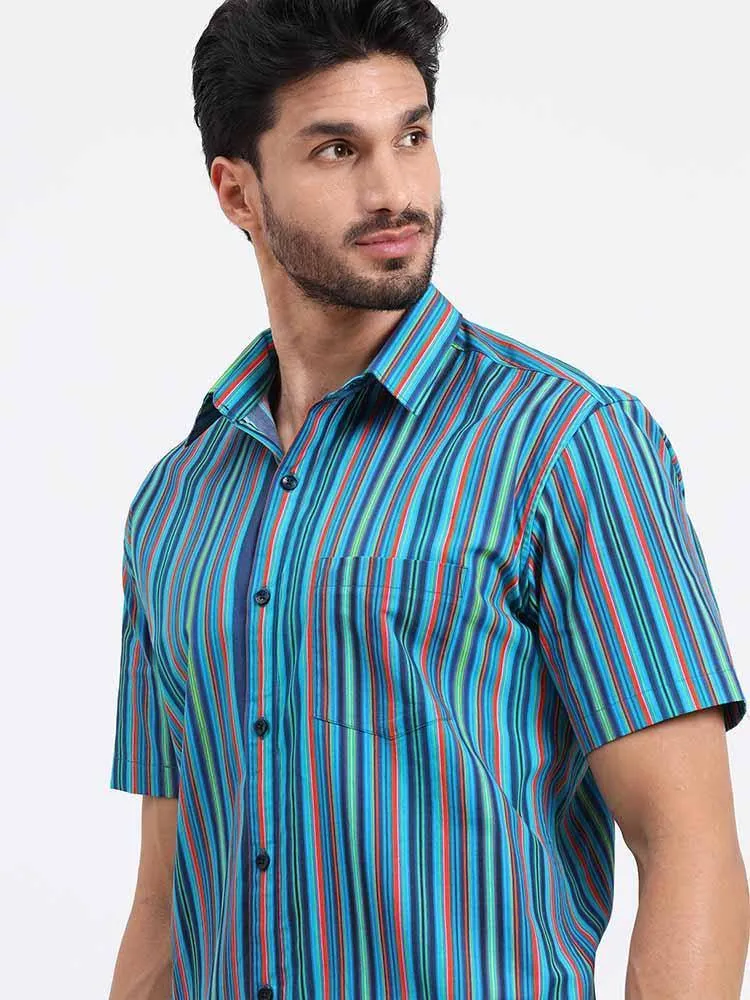 Stripe Multi Navy Turquoise Printed Half Sleeve Shirt