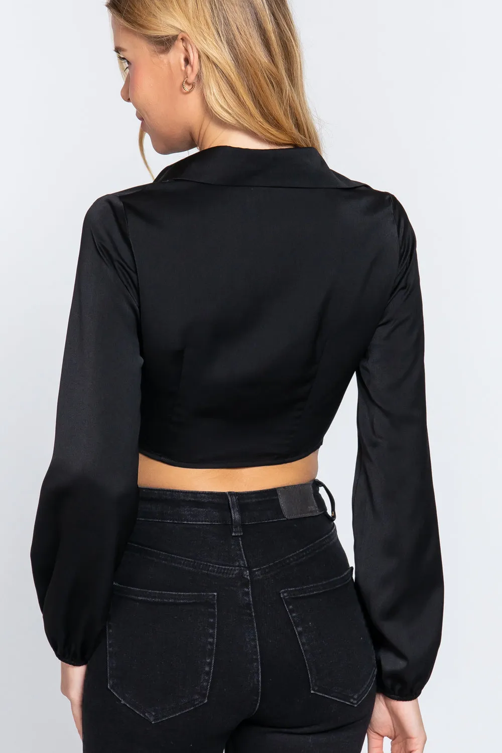 Stylish Notched Collar Crop Top with Twisted Front