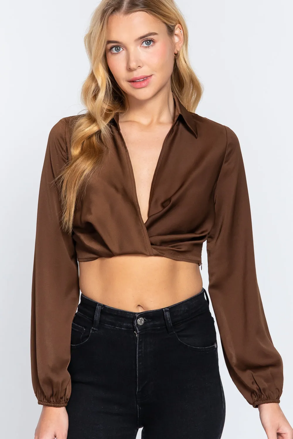 Stylish Notched Collar Crop Top with Twisted Front