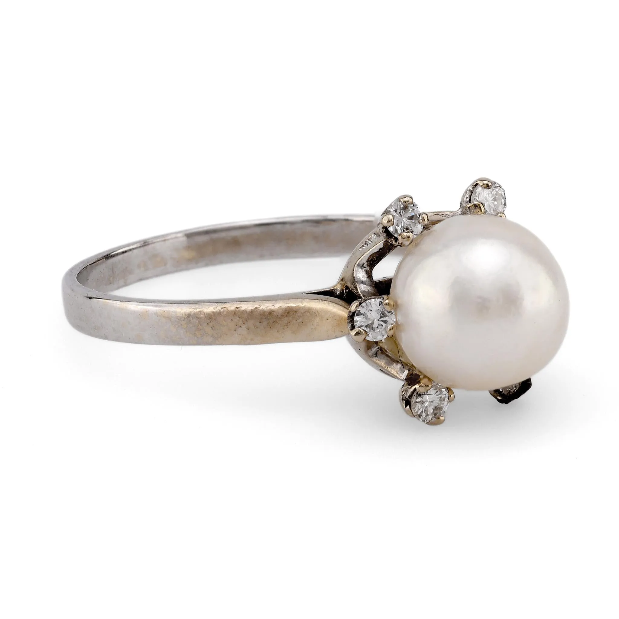 Vintage French Pearl Diamond 18K White Gold Solitaire Ring