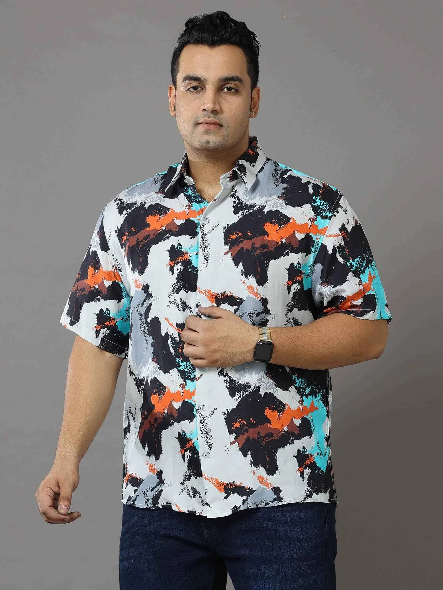 Volcano Printed Silk Half Shirt Men's Plus Size