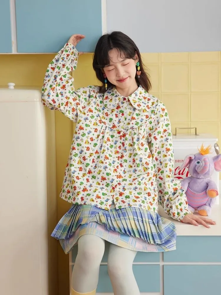 White Blouse A-line Colorful Printed Clashing【s0000004509】