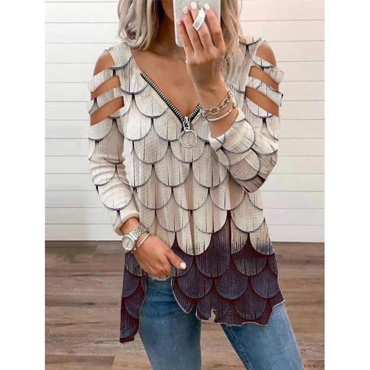 Women's printed long-sleeved v-neck loose T-shirt