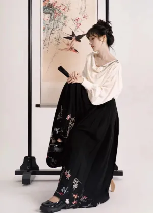 Yimeng Huayu 遗梦花语 A Flower's Language Modernized Ming Mamian Wide Legged Trousers & Drape Top Set